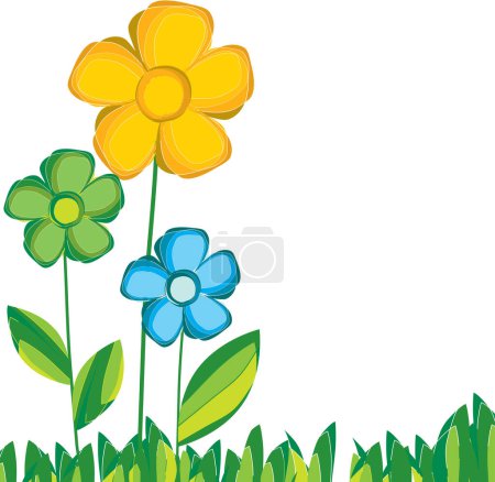 Illustration for Green, yellow and blue flowers on white background - Royalty Free Image