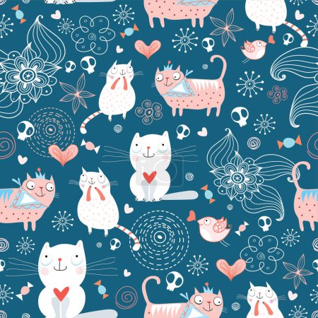 Illustration for Seamless background with cats and birds - Royalty Free Image