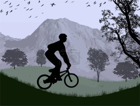 Téléchargez les illustrations : Silhouette d'homme en vélo dans les montagnes - en licence libre de droit
