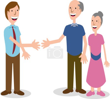 Illustration for Cartoon vector illustration of man shaking hands with senior couple - Royalty Free Image