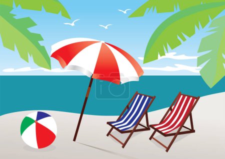 Téléchargez les illustrations : Scène de plage avec parasol et cocktails - en licence libre de droit