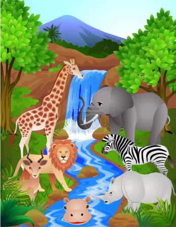 Téléchargez les illustrations : Scène de dessin animé avec différents animaux sauvages dans la forêt rivière illustration pour les enfants - en licence libre de droit