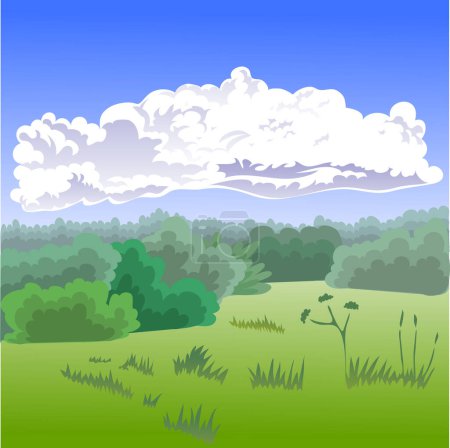 Illustration for Vector cartoon summer landscape. beautiful green field with grass. - Royalty Free Image
