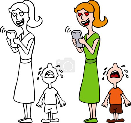 Téléchargez les illustrations : Famille de dessin animé de la mère, la mère et les enfants, en utilisant un smartphone - en licence libre de droit