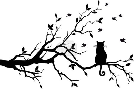 Ilustración de Silueta de gato sentado en el árbol - Imagen libre de derechos