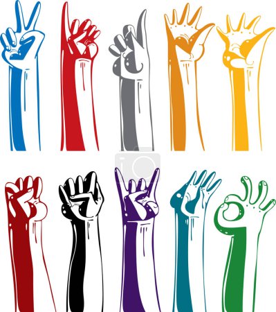 Ilustración de Conjunto de manos coloridas que muestran diferentes signos - Imagen libre de derechos