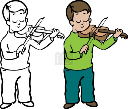 Téléchargez les illustrations : Vector illustrations of boy playing violin, coloured and black white versions - en licence libre de droit