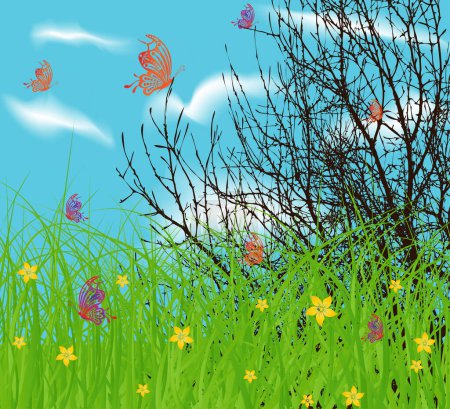 Téléchargez les illustrations : Butterflies in grass and tree without leaves. vector illustration - en licence libre de droit