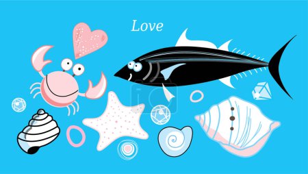 Ilustración de Conjunto de peces lindos y elementos de amor - Imagen libre de derechos