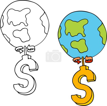Téléchargez les illustrations : Dessin animé gribouiller la terre mondiale et symboles dollar - en licence libre de droit