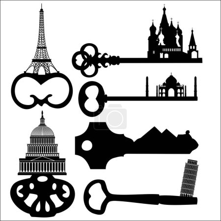 Ilustración de Conjunto de diferentes edificios de arquitectura y llaves de la casa - Imagen libre de derechos