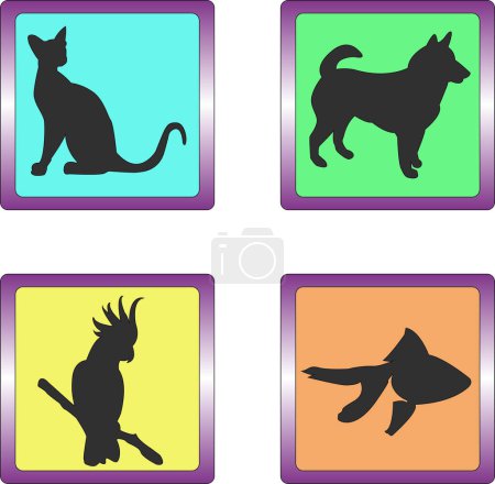 Ilustración de Conjunto de 4 iconos de mascotas de colores sobre fondo blanco, elementos aislados, ilustración vectorial - Imagen libre de derechos