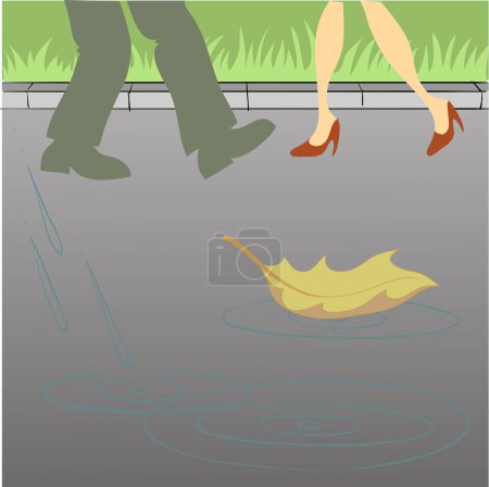 Illustration for Fallen autumn leaf on pavement and people walking, vector illustration - Royalty Free Image