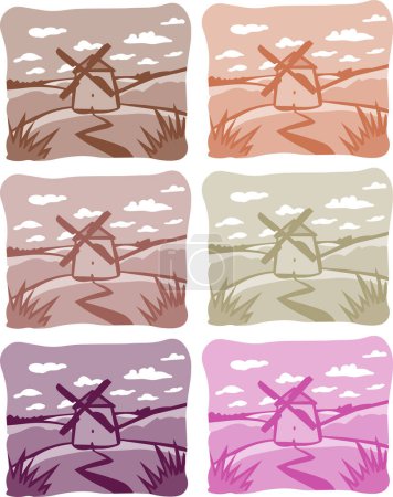Ilustración de Conjunto de cuatro ilustraciones dibujadas a mano diferentes de paisaje rural con puesta de sol. ilustración vectorial - Imagen libre de derechos