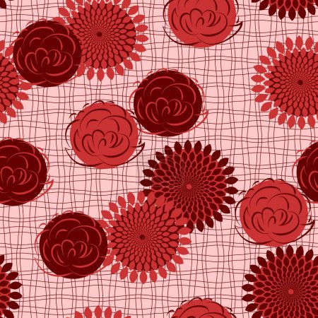 Téléchargez les illustrations : Illustration vectorielle d'un fond avec un motif sans couture de fleurs rouges - en licence libre de droit