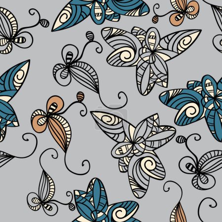 Téléchargez les illustrations : Vecteur dessin à la main motif sans couture doodle avec des papillons colorés - en licence libre de droit