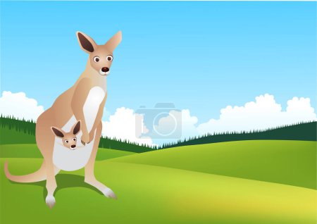 Illustration for Kangaroo with baby in australian landscape illustration - Royalty Free Image