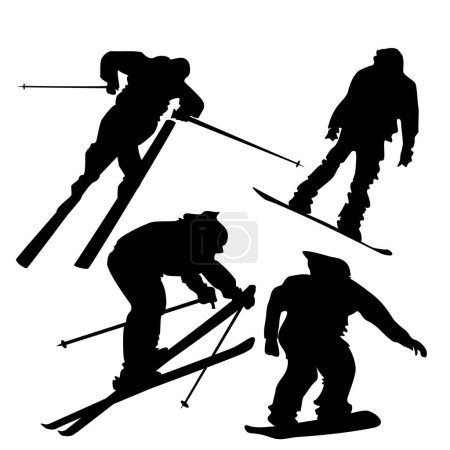 Illustration for Skiing, ski and snowmen silhouette vector - Royalty Free Image