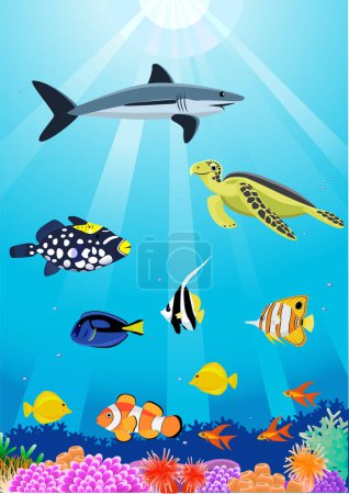 Téléchargez les illustrations : Illustration d'un fond marin avec un poisson - en licence libre de droit
