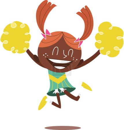 Téléchargez les illustrations : Jeune illustration d'une pom-pom girl noire souriante sautant et acclamant avec deux queues de cheval. Ça semble excité
. - en licence libre de droit