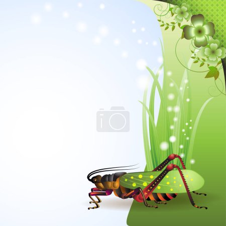 Illustration for Green dragonfly with red flower and butterfly - Royalty Free Image