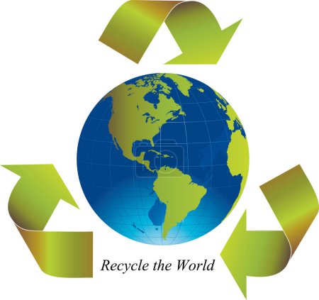 Illustration for Green arrows around the world indicating recycling - Royalty Free Image