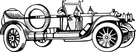Illustration for Black and white cartoon illustration of old car with a fire truck. - Royalty Free Image
