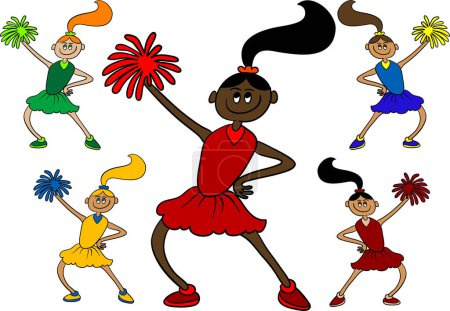 Téléchargez les illustrations : Dansant pom-pom girls dessin animé sur fond blanc. illustration vectorielle - en licence libre de droit