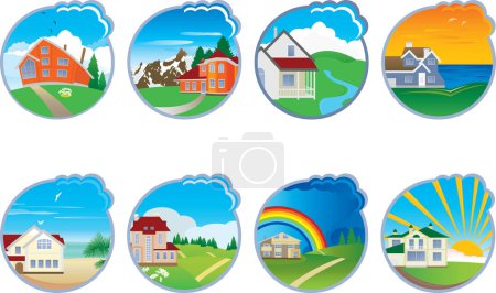 Ilustración de Conjunto de iconos con la naturaleza y casas de campo, ilustración - Imagen libre de derechos