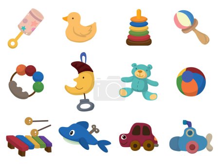 Téléchargez les illustrations : Set of cute cartoon kids toys. vector illustration - en licence libre de droit