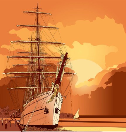 Téléchargez les illustrations : Vieux voilier au coucher du soleil dans le port - en licence libre de droit
