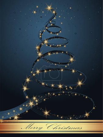 Ilustración de Tarjeta de felicitación de Navidad con abeto y copos de nieve dorados. ilustración vectorial para su diseño. - Imagen libre de derechos