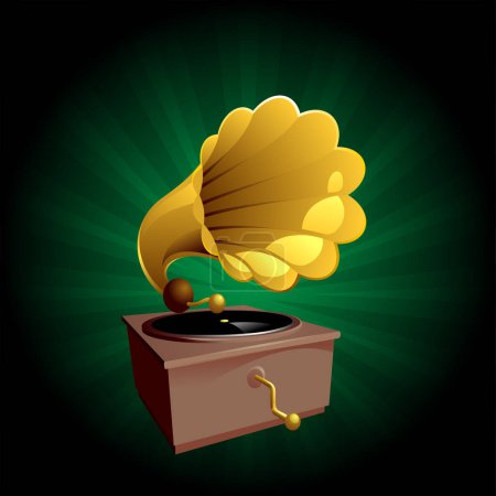 Téléchargez les illustrations : Gramophone musical doré avec un vinyle - en licence libre de droit