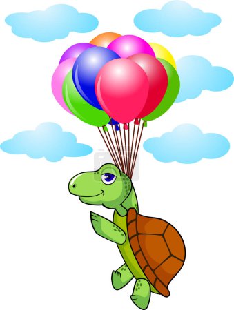 Téléchargez les illustrations : Mignonne tortue volant sur les ballons illustration - en licence libre de droit