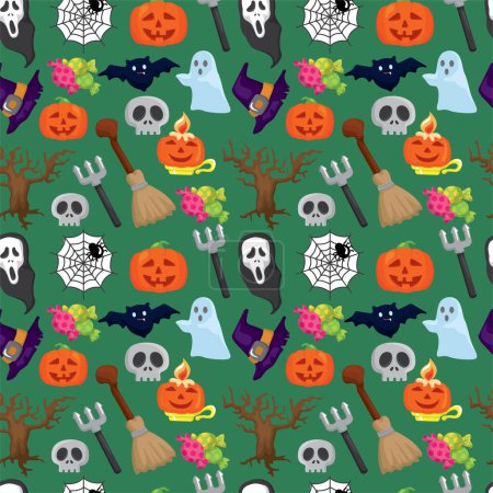 Téléchargez les illustrations : Motif halloween sans couture avec citrouille et crânes - en licence libre de droit