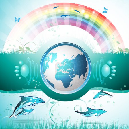 Illustration for World map with a fish, rainbow, waves, sea and ocean. - Royalty Free Image