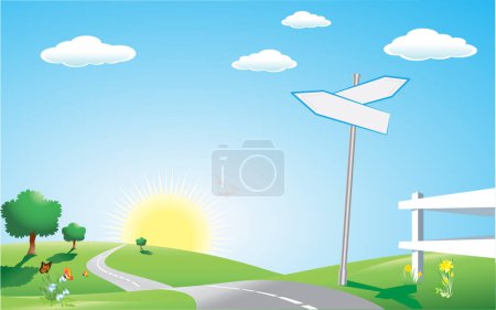 Illustration for Vector illustration of road sign in sunny countryside - Royalty Free Image