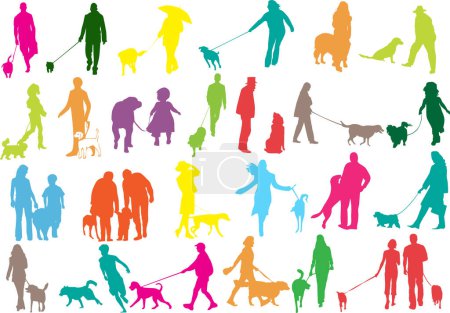 Illustration for Set of colourful silhouettes of people walking dogs. vector illustration - Royalty Free Image