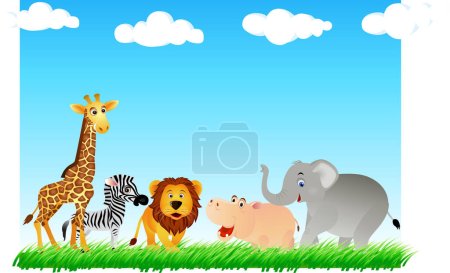 Téléchargez les illustrations : Cartoon smiling African wild animals on green grass. vector illustration - en licence libre de droit