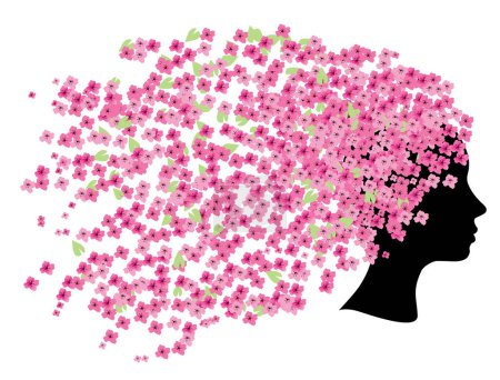Téléchargez les illustrations : Silhouette of woman's head with pink flowers instead of hair on white background. vector illustration - en licence libre de droit