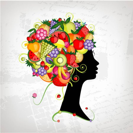 Illustration for Silhouette of woman head with fruits instead of hair. vector illustration - Royalty Free Image