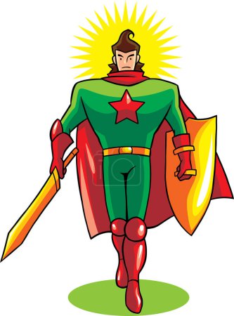 Illustration for Superhero in costume with sword and shield - Royalty Free Image