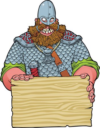 Illustration for Vector illustration, cartoon character of medieval warrior with wooden blank sign - Royalty Free Image