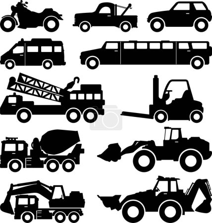 Téléchargez les illustrations : Silhouette noire de tracteurs et de voitures - en licence libre de droit