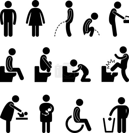 Téléchargez les illustrations : Pictogramme de l'icône des toilettes sur fond blanc, dessin vectoriel - en licence libre de droit