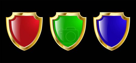 Illustration for Set of colorful glossy glass buttons with shield - Royalty Free Image