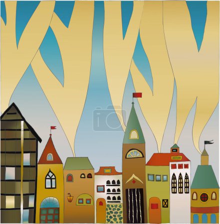 Illustration for City buildings in a beautiful landscape with a yellow and blue sky - Royalty Free Image