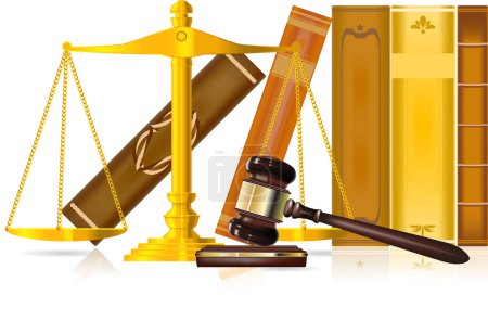 Téléchargez les illustrations : Illustration 3D du concept de justice sur fond blanc, marteau en bois, écailles et livres - en licence libre de droit