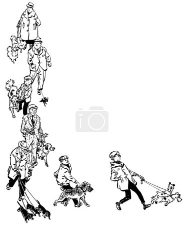 Téléchargez les illustrations : Groupe de personnes marchant avec leurs chiens sur fond blanc, illustration - en licence libre de droit