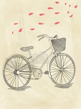 Illustration for Vintage hand drawn bicycle on the background of the Eiffel Tower - Royalty Free Image